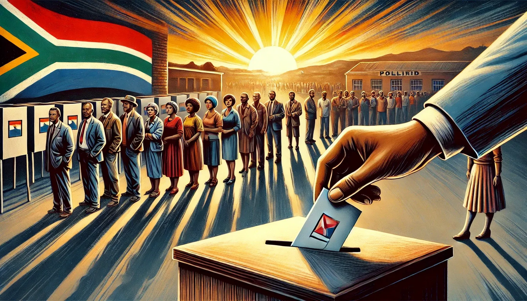 digital painting depicting the end of apartheid through voting. The scene shows a diverse group of people of different ethnicities standing.